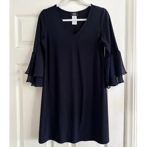 MSK Petite Navy Blue Shift Dress Size MP Ruffled Bell Sleeves‎ V Neck Mini Party